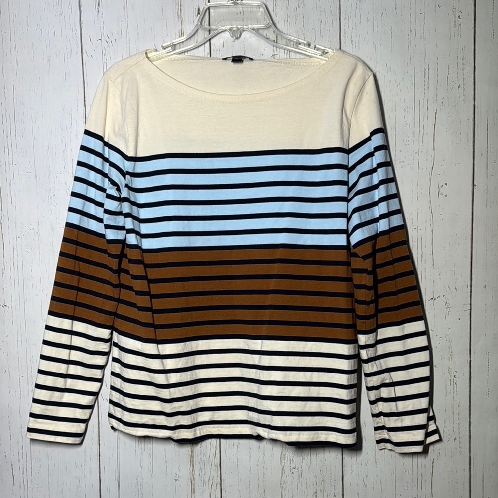 J. Crew Multicolored Brown Blue Cream Striped Boat Neck Long Sleeve Top Cotton M - Picture 1 of 5